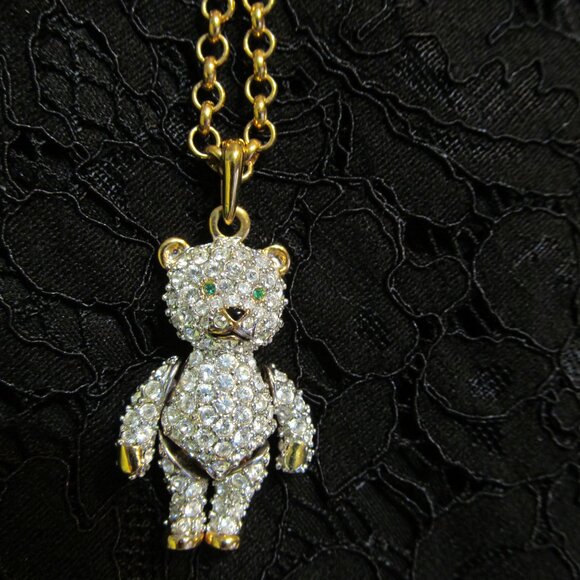 SWAROVSKI Swan Signed Jointed Crystal Teddy Bear Pendant Necklace Retired - Picture 8 of 16